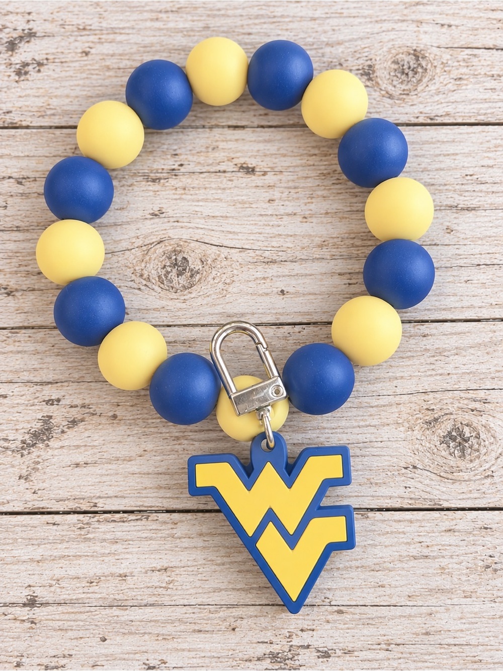 WVU Blue & Yellow Beaded Charm Bracelet with WV Logo
